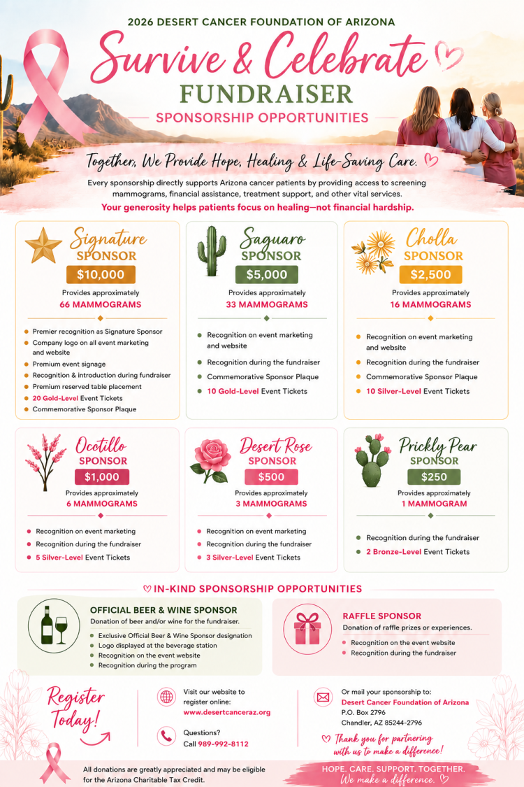 2026 Desert Cancer Foundation of Arizona Survive & Celebrate Fundraiser sponsorship opportunities, from Signature at $10,000 to Prickly Pear at $250.